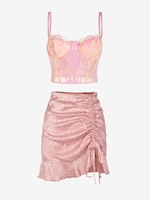 Corset en Dentelle Transparente en Satin avec Jupe Léopard Taille unique Rose clair