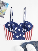 Crop T-shirt Smocké à Drapeau Américain M Bleu