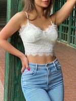 Débardeur à Bretelle Festonné en Dentelle L Blanc