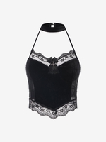 Débardeur Court en Dentelle à Dos Nu à Nœud Papillon S Noir