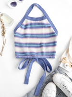 Débardeur Court Rayé Coloré sans Dos en Tricot à Col Halter S Bleu