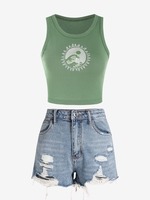 Débardeur Court Soleil Brodé et Short Déchiré en Denim Taille unique Vert