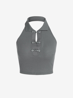 Débardeur Court Tricoté Boutonné avec Lettre S Gris