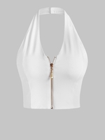 Débardeur Court Zip en Avant à Col Halter S Blanc
