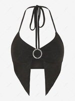 Débardeur Dos Nu Anneau en O Strass à Ouvert Hanky à Col Halter S Noir