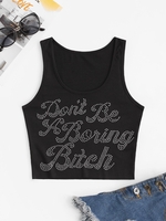 Débardeur en Tricot à Ourlet Brut avec Strass L Noir