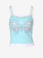 Débardeur Rembourré à Encolure en Dentelle avec Motif de Papillon M Bleu clair