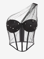 Débardeur Style Corset en Maille Transparent à Une Epaule avec Fausse Perle S Noir