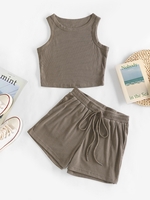 Débardeur Tricoté et Nervuré avec Nœud Papillon et Short en Ensemble Poche M Café profond