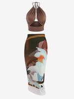 Eensemble avec Haut Court Découpé à Col Halter et Jupe Mi-longue à Imprimé Abstrait Taille unique Café