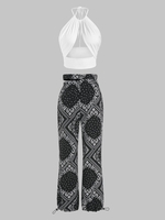 Ensemble avec Haut Court à Imprimé Cachemire à Col Halter et Pantalon Découpé à Cordon Taille unique Noir