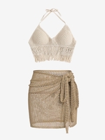 Ensemble avec Haut en Tricot à Ourlet Au Crochet à Frange et de Jupe Paréo Transparente Taille unique Café lumière