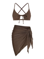 Ensemble Bikini Texturé à Cordon avec Paréo de Plage Paillettes Taille unique Café profond