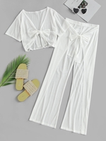 Ensemble Cache-Maillot de Plage Transparent Noué en Avant et Pantalon M Blanc