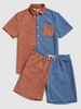 Ensemble Chemise Bicolore et Short en Velours Côtelé avec Poches en Blocs de Couleurs L Bleu
