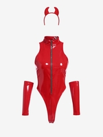 Ensemble Costume de Lingerie de Noël Zip en Avant en Cuir Verni S Rouge
