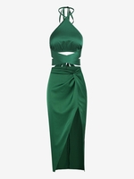 Ensemble Débardeur Croisé en Satin et Jupe Longue à Fente Élevée Taille unique Vert profond