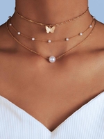 Ensemble de 3 Pièces Colliers à Plusieurs Branches avec Pendentifs Perle Fantaisie et Papillon