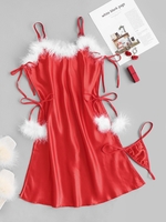 Ensemble de Babydoll Noué Latéral à Ourlet en Plume L Rouge