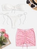 Ensemble de Bikini Bandeau Plissé à Cordon et de Jupe Bouffante de Plage Trois Pièces Taille unique Blanc