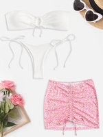 Ensemble de Bikini Bandeau Plissé à Cordon et de Jupe Bouffante de Plage Trois Pièces Taille unique Blanc