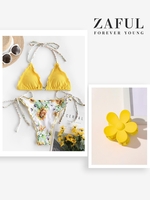 Ensemble de Bikini Bandeau Tressé Tournesol à Ourlet en Laitue et Griffe de Cheveux de Fleur Taille unique Jaune