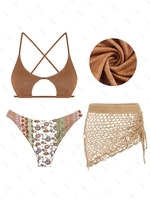 Ensemble de Bikini Bohème Cheeky Découpé Brillant à Imprimé Ethnique avec Mini Jupe Au Crochet Taille unique Café