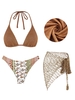 Ensemble de Bikini Bohème Mélangé et Assorti Brillant Triangle Imprimé et Jupe Enveloppée Au Crochet Taille unique Café