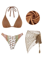 Ensemble de Bikini Bohème Mélangé et Assorti Brillant Triangle Imprimé et Jupe Enveloppée Au Crochet Taille unique Café