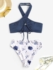 Ensemble de Bikini Côtelé à Imprimé Fleuri Noué en Avant à Col Halter Taille unique Bleu profond