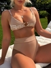 Ensemble de Bikini Côtelé à Jambe Haute et de Bas Taille unique Café lumière