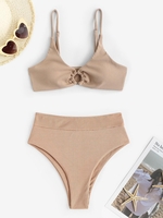 Ensemble de Bikini Côtelé Anneau en O à Taille Haute Taille unique Café lumière