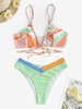 Ensemble de Bikini Côtelé Croisé en Blocs de Couleurs à Coupe Haute Taille unique Multi d