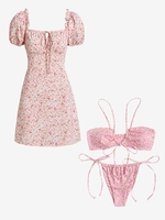 Ensemble de Bikini Côtelé Noué et Robe Fleurie à Manches Bouffantes Taille unique Rose clair