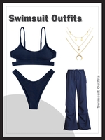 Ensemble de Bikini de Plage Découpé Côtelé 4 Pièces Taille unique Bleu profond