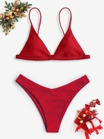 Ensemble de Bikini Epais de Noël Simple Minimaliste à Jambe Haute Taille unique Rouge