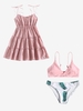 Ensemble de Bikini et Robe Superposée Feuille Fleurie à Epaule Nouée en Vichy Taille unique Rose clair