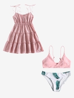 Ensemble de Bikini et Robe Superposée Feuille Fleurie à Epaule Nouée en Vichy Taille unique Rose clair