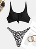 Ensemble de Bikini Noué à Col Dégagé avec String à Imprimé Léopard Deux Pièces Taille unique Noir