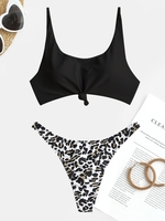 Ensemble de Bikini Noué à Col Dégagé avec String à Imprimé Léopard Deux Pièces Taille unique Noir