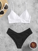 Ensemble de Bikini Superposé à Lacets avec Bas Côtelé Deux Pièces Taille unique Noir