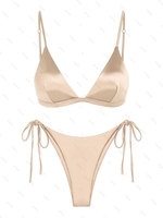 Ensemble de Bikini Tanga Brillant Doux à Bretelle Fine M Café lumière