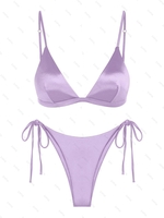 Ensemble de Bikini Tanga Brillant et Soyeux Noué à Côté M Pourpre