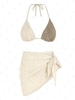 Ensemble de Bikini Tanga Texturé en Deux Couleurs avec Jupe Paréo Taille unique Café