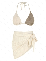 Ensemble de Bikini Tanga Texturé en Deux Couleurs avec Jupe Paréo Taille unique Café