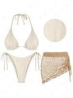 Ensemble de Bikini Tanga Texturé Noué à Côté avec Jupe Au Crochet de Plage Taille unique Café lumière