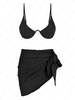 Ensemble de Bikini Tanga Texturé Noué à Côté avec Jupe Paréo Taille unique Noir