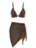 Ensemble de Bikini Texturé à Volants avec Jupe de Sarong Brillante en Maille Taille unique Café profond