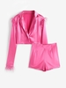 Ensemble de Blazer Court Décoré de Plume en Satin et de Short Zippé M Rose clair
