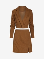 Ensemble de Blazer Court en Velours Côtelé à Revers et de Mini Jupe Fendue L Café